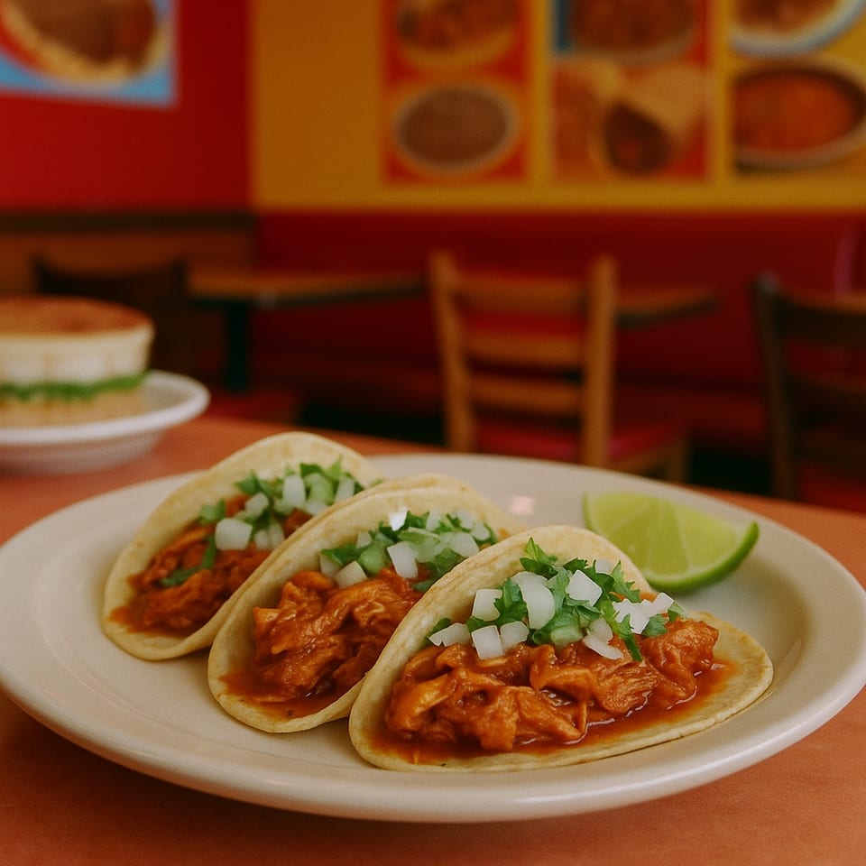 Three chicken tacos with onions and cilantro, served with a lime wedge at Tacos Uruapan.