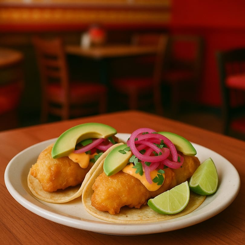 Two fish tacos with avocado, pickled red onions, and lime wedges on a white plate.