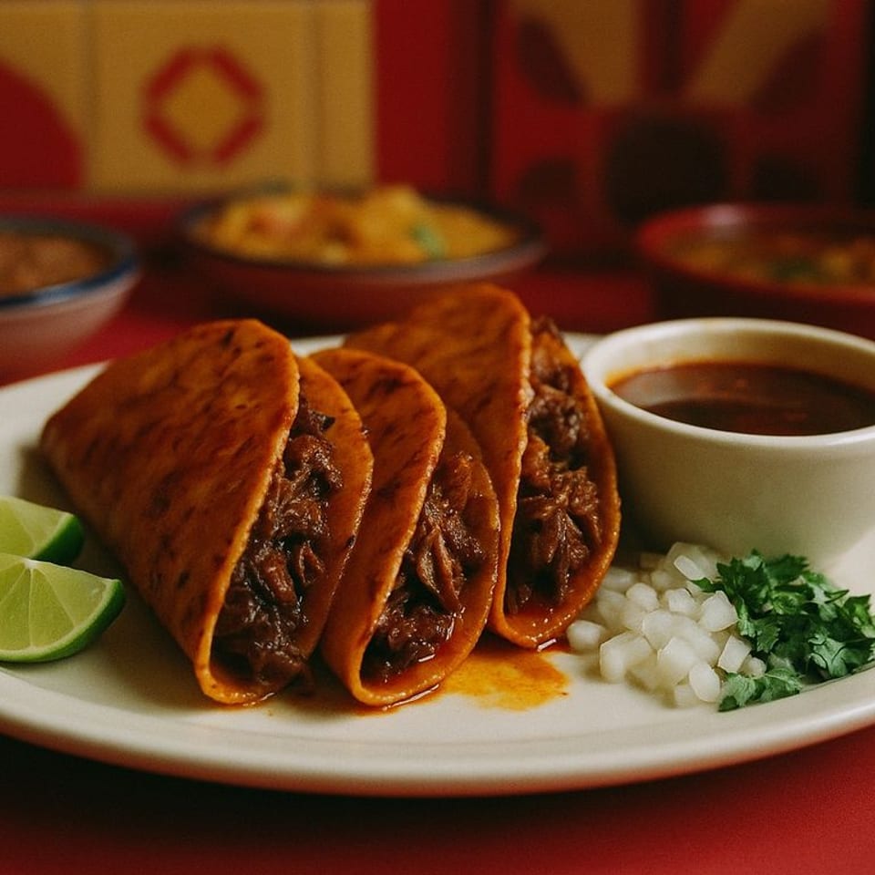 Three birria tacos with lime wedges, diced onions, cilantro, and a side of consommé.