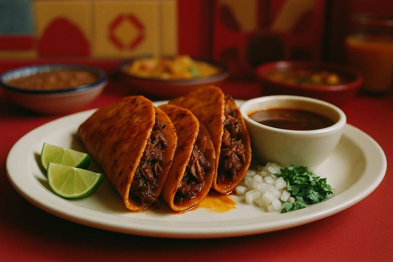 Three birria tacos with lime wedges, diced onions, cilantro, and a side of consommé.